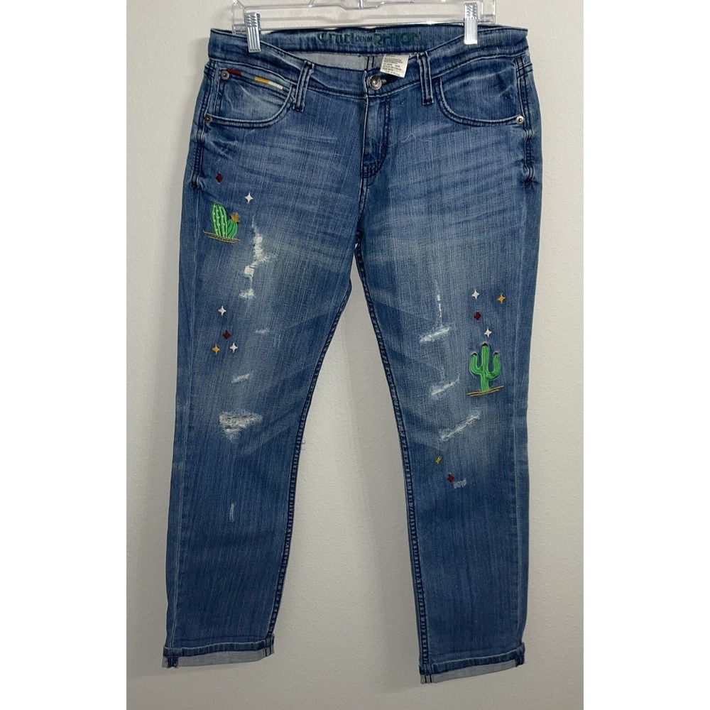 Cruel Girl Women 29/7 Jean Rhyon Crop Mid Rise embroidered Boyfriend Cactus